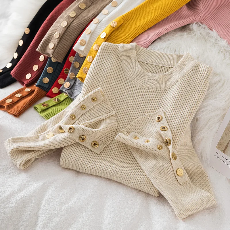 

Basic Knitted Sweaters Women Button Long Sleeve Slim Pullover Female Spring Autumn Elegant Ladies O-neck Jumpers Soft Pull Femme