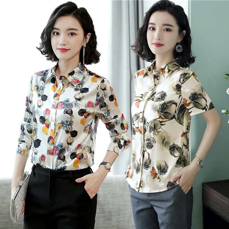 Women Blouses Real Silk Shirts Womens Tops and Blouses Long Sleeve Shirts Spring Print Ladies Elegant Office Wear LWL1566