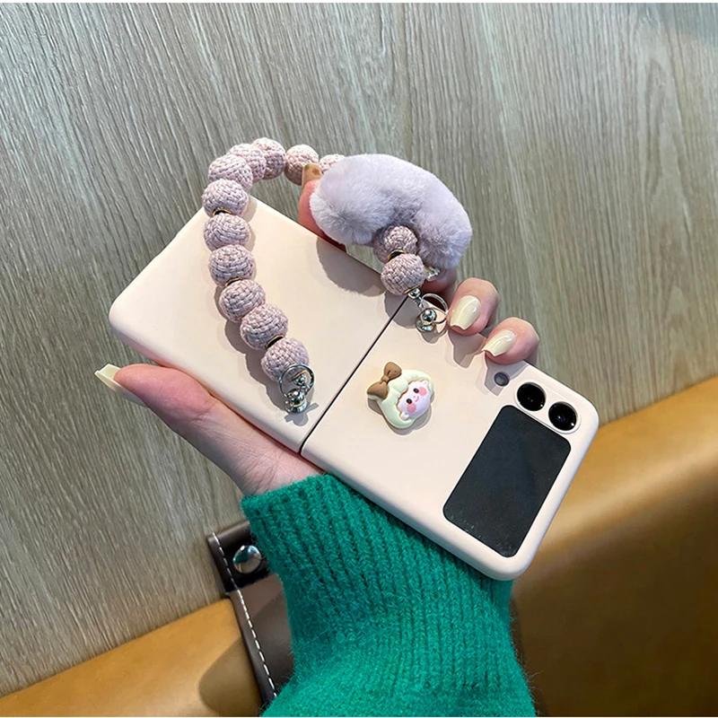 

Plush Love Bracelet Cute Phone case For Samsung Galaxy Z Flip 3 Hand Chain Screen Protector Pink Cover