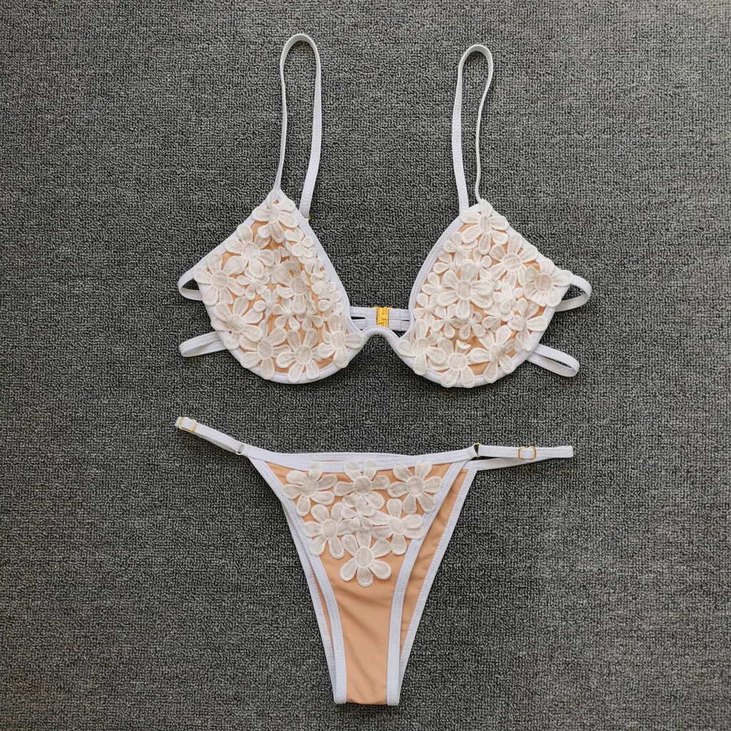 Женский сексуальный комплект бикини однотонный купальный костюм с лепестками и