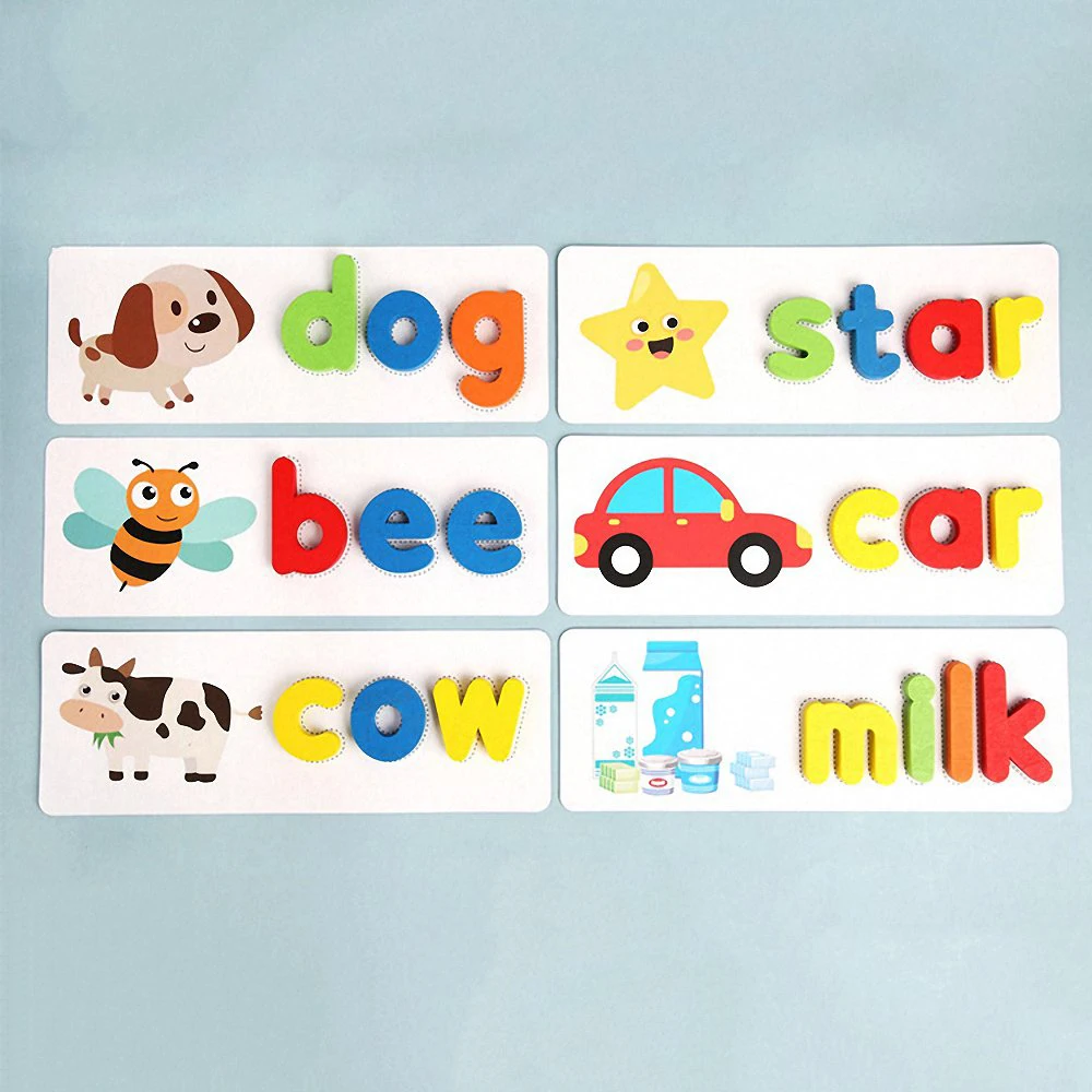 Juego de palabras de escritura Montessori para ni&ntilde;os, rompecabezas de alfabeto de madera, divertido rompecabezas cognitivo 3D, juguete educativo de aprendizaje-4
