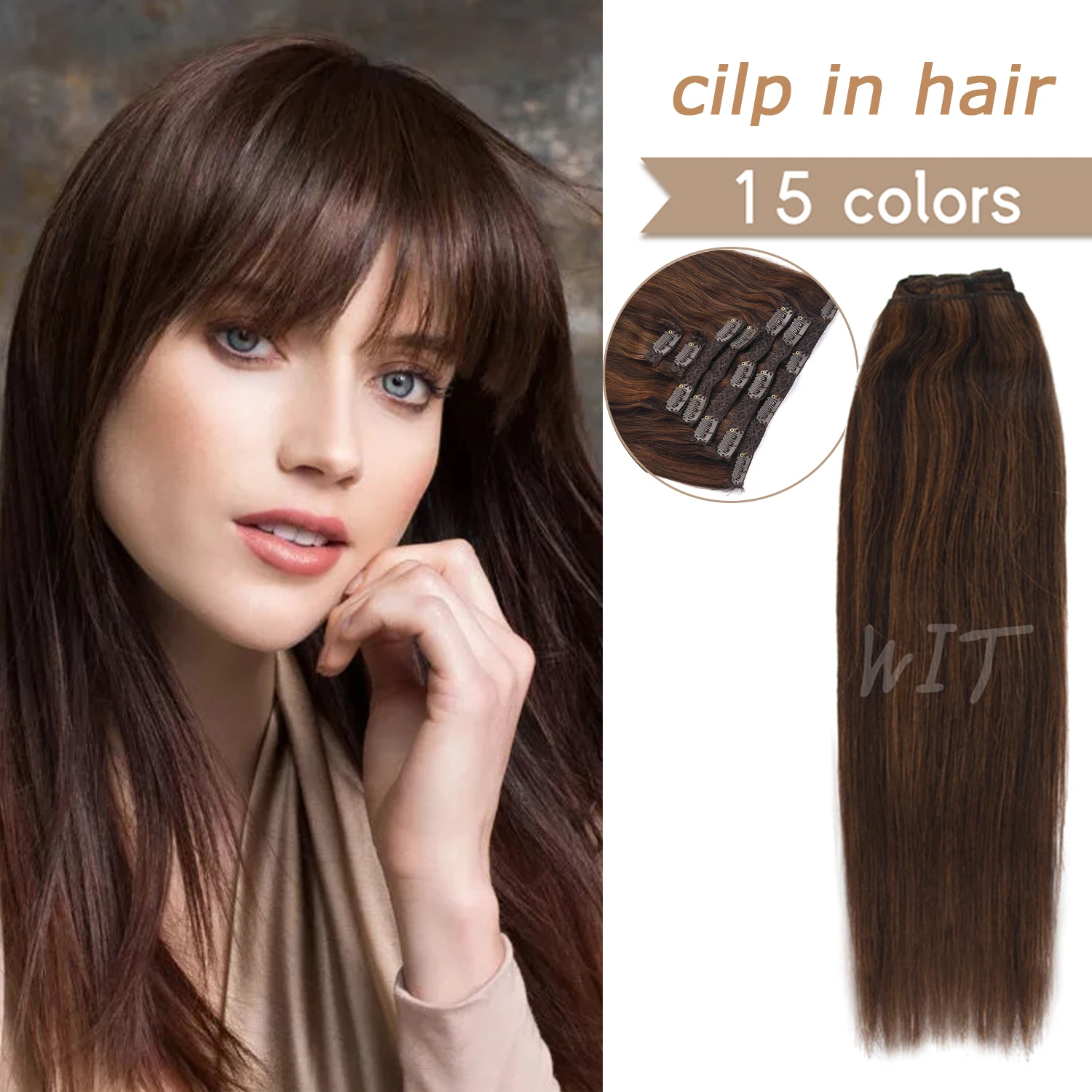 WIT Machine Remy Hair Clip In Human Hair Extensions Natural Black Brown Blonde Straight 7pcs Clip on Hair Extensions 16-24inchs