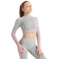 seamless yoga shirts gym workout crop top women slim fit striped fitness sports long sleeved shirts