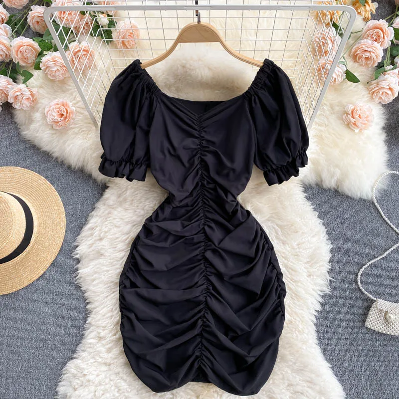 

Short-sleeved Summer Design Sensual Pleated Slim Short Sexy Bag Hip Dress Women