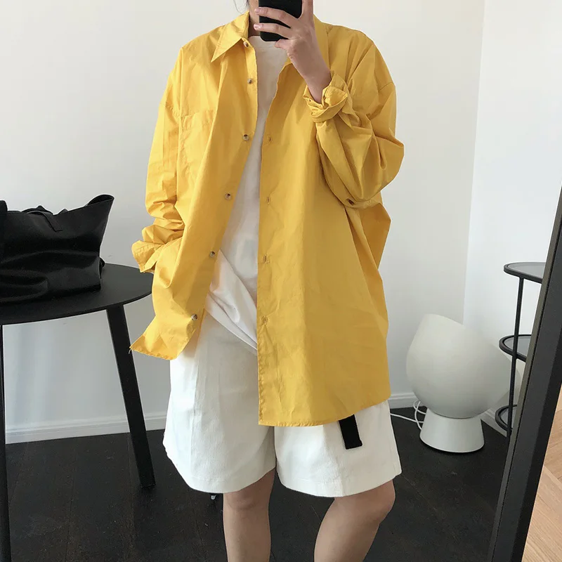 Женская хлопковая рубашка с длинным рукавом желтого цвета | одежда