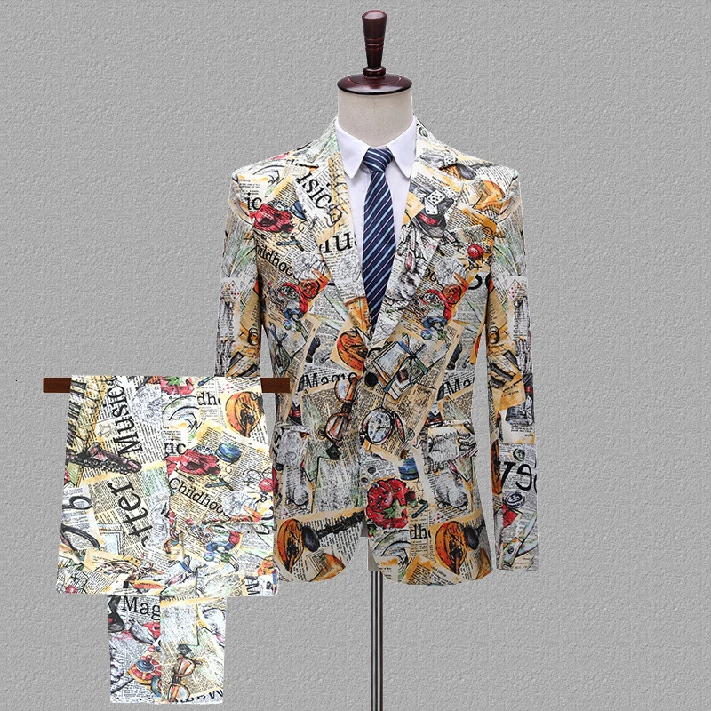 jacket and pants PYJTRL, Мужской винтажный комплект из двух предметов, костюмы, бумажный штамп с принтом, для ночных клубов, певцов, выпускных, вечерние, смокинг, последние модели пальто и штанов - Цвет: jacket and pants