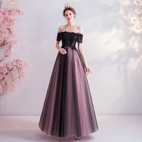 walk beside you black pink evening dresses contrast color 2020 new long lace bead off shoulder short sleeve boat neck prom gown