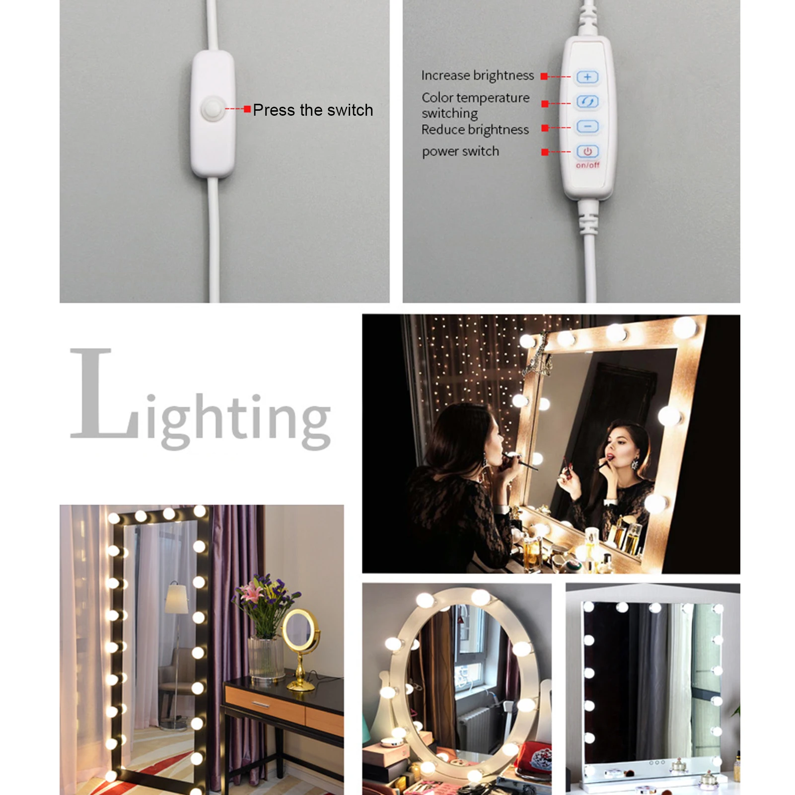 

CanLing LED 7.2V Makeup Mirror Light Bulb Hollywood Vanity Lights Stepless Dimmable Wall Lamp 10 Bulbs Kit For Dressing Table