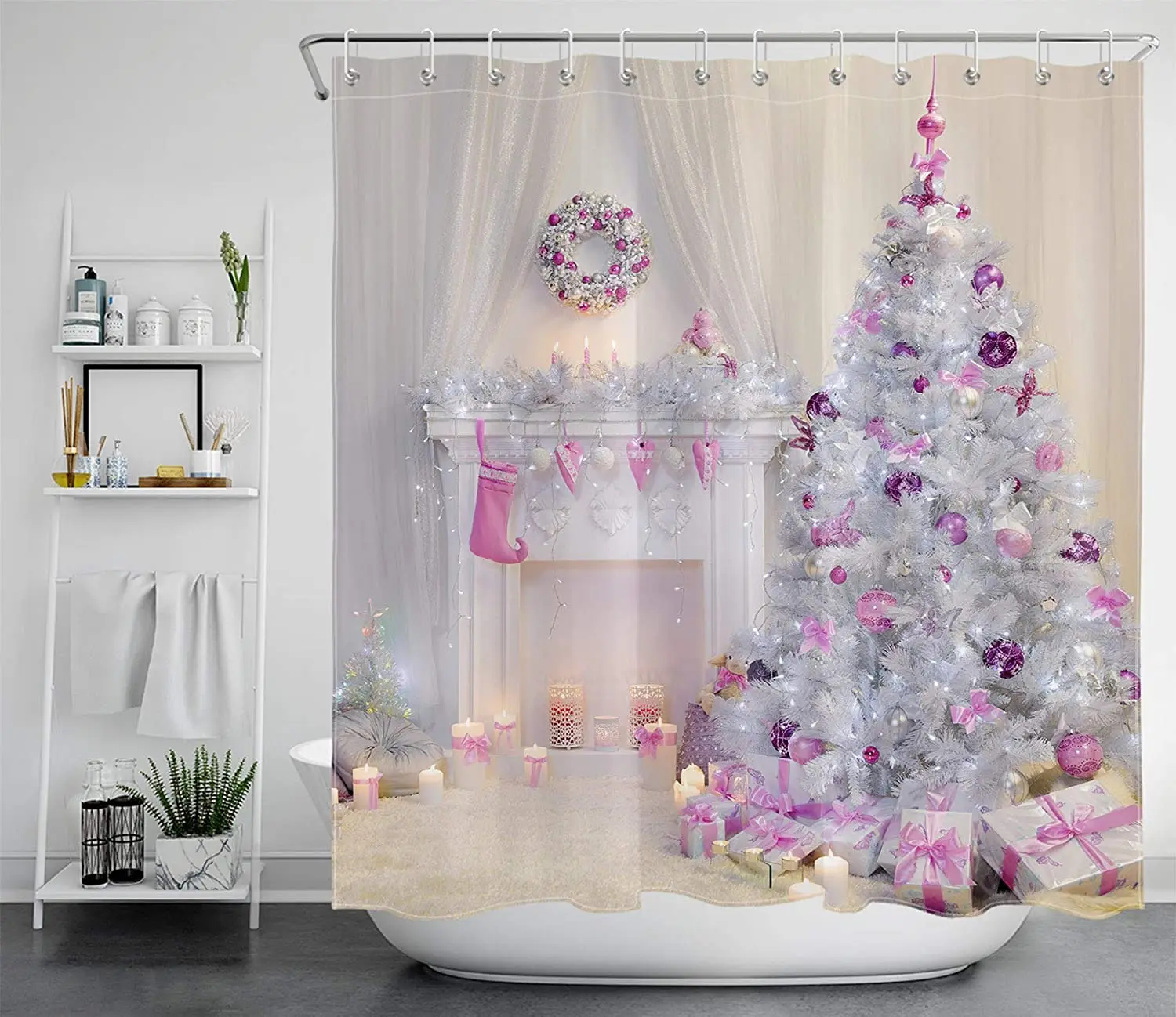 

Merry Christmas Shower Curtains Xmas Trees Covered by Pink Balls Gifts Fireplace Fabric With Hooks Winter Bathroom Decor Set