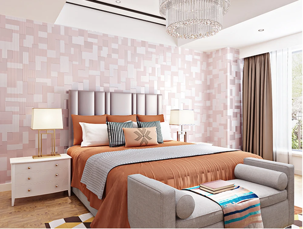 

Q QIHANG Modern Minimalist 3D Stereo Pink Mosaic TV Background Non-woven Wallpaper Pink Color 10M*0.53M=5.3M2