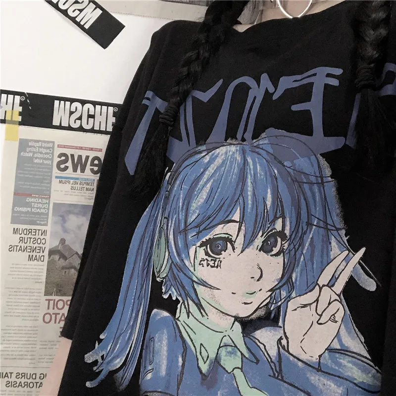 

HLM Cartoon Comic Print Loose Short-Sleeved T-shirt Harajuku Style Sailor Moon T Shirt Japanese Wild Black Round Neck top