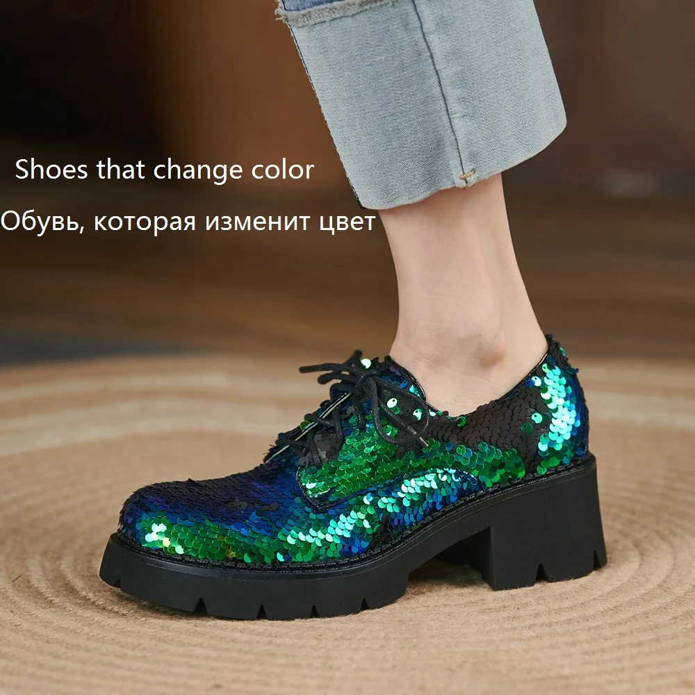 Women Spring Summer Casual Platform Footwear Leather Oxford Shoes Ladies Round Toes Lace Up Chunky Heels Black Silver Gold Green | Обувь