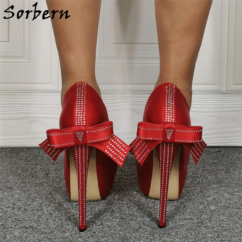 

Sorbern Red Satin Women Pumps Bowknot Crystals High Heel Shoes Platform Slip On Peep Toe Ladies Shoes Wedding Shoes Custom Color