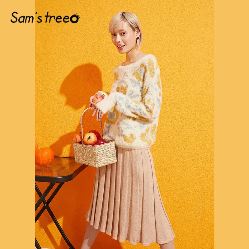 Samstree, абрикосовый цветочный свитер и юбка, женский корейский стиль, комплект из двух частей,, осенняя элегантная Офисная Женская одежда из 2 частей
