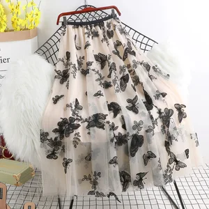 Женская сетчатая юбка с аппликацией бабочки, однотонная трапециевидная юбка до середины икры с эластичным поясом, длинные юбки-качели для осени