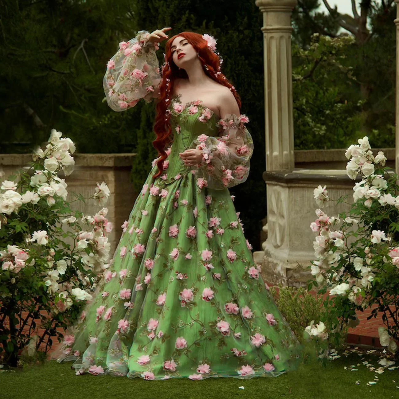 

Green Prom Dress Garden Dress Starpless See-Through Dress Floral Dress Layered Tulle Dress Floral Print Evening Dress For Women
