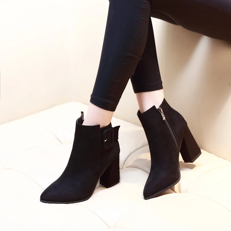 

Pointed Toe Square Heel Women Boots Flock Leather Women Ankle Boots Winter Autumn Zipper Ladies Boots Shoes CH-B0048