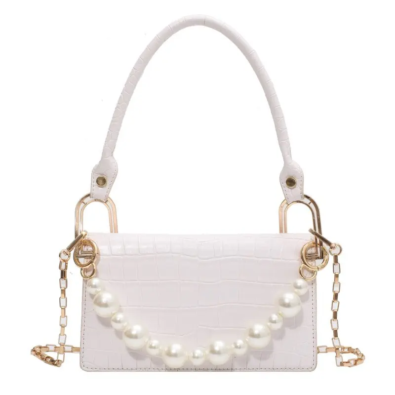 

Pearl Design Gold Chain Small Stone Pattern PU Leather Crossbody Shoulder Bags For Women 2021 Lady Trendy Handbags Branded