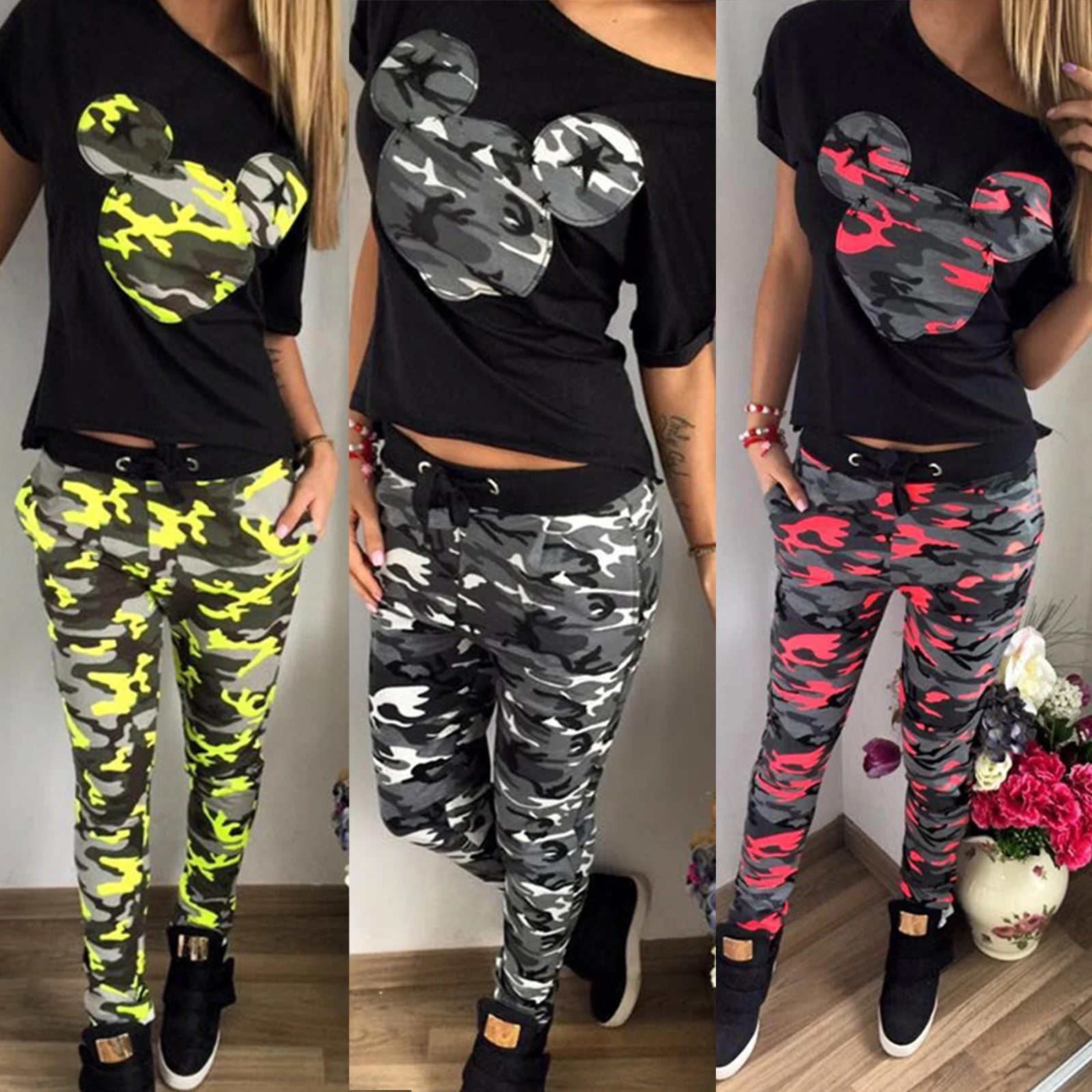 

Women Casual Sports Tracksuit Camouflage Printed Sets Suit Jogging Pants Women Two Piece Outfits 2PCS Set