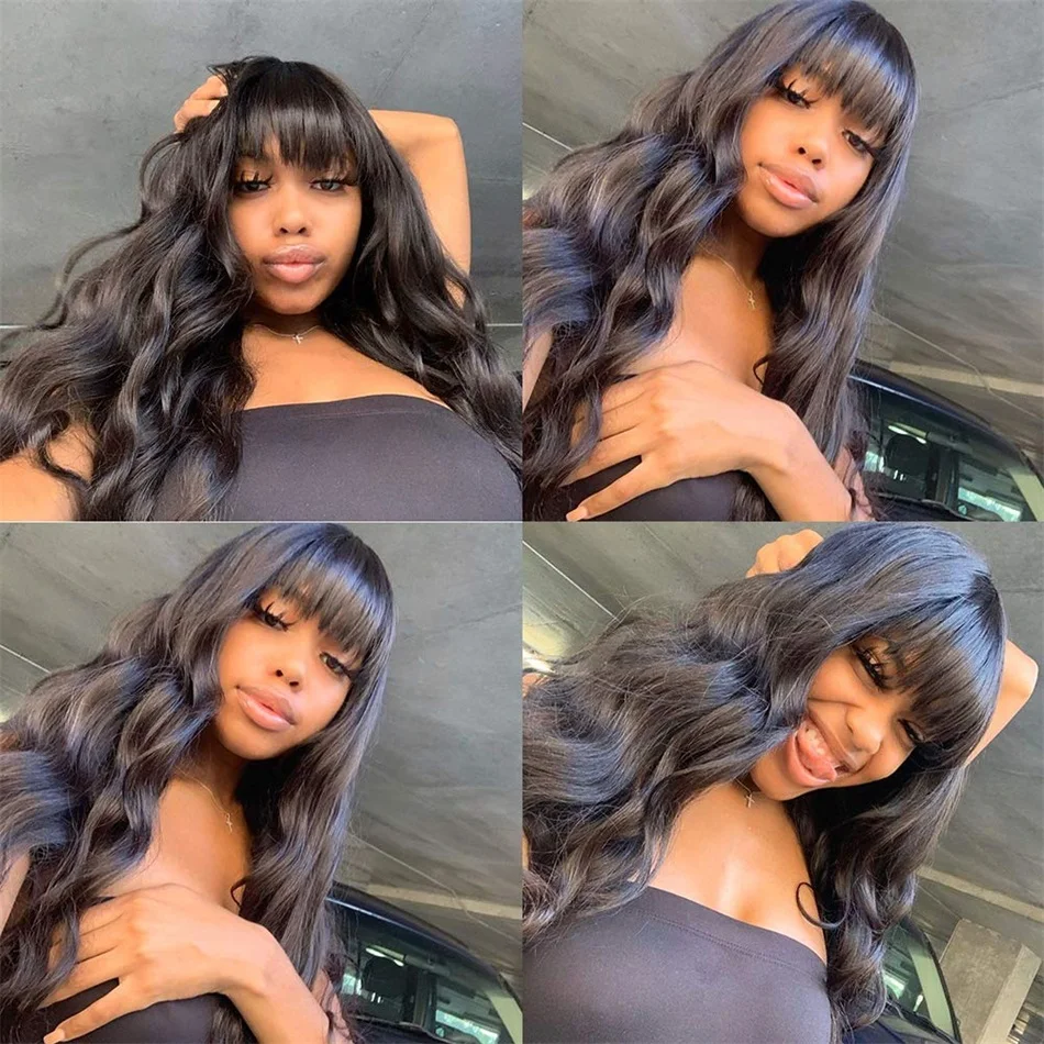 

Body Wave Human Hair Wigs With Bangs Peruvian Full Machine Made Wig For Black Women Remy Natural Black Human Hair Headband Wigs