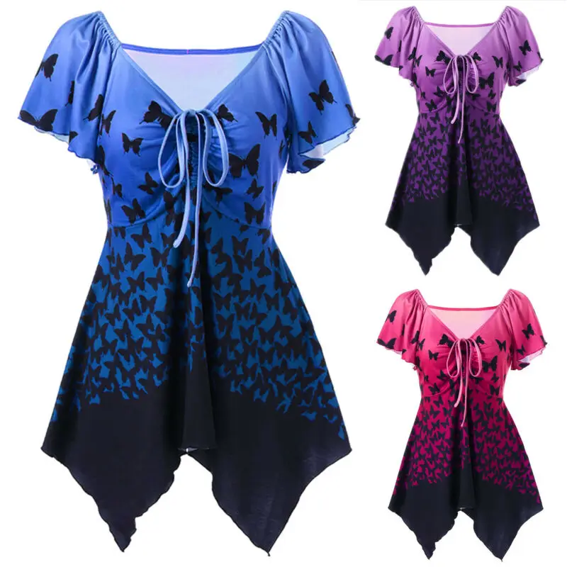 

Women Plus Size V Neck Irregular Butterfly Blouse Short Sleeve T-Shirt Tunic Top