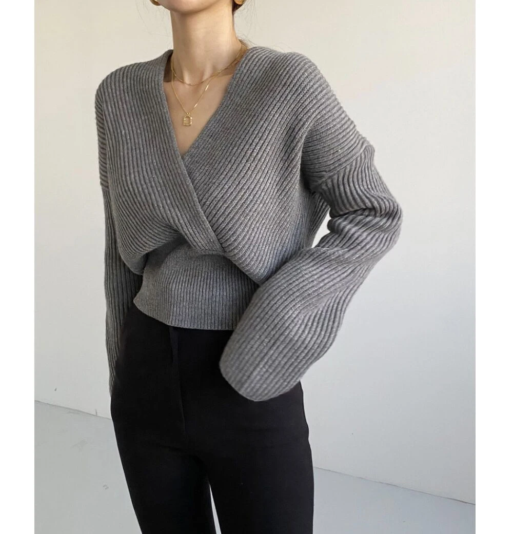 Новый корейский шикарный модный вязаный свитер с V образным вырезом и узкой