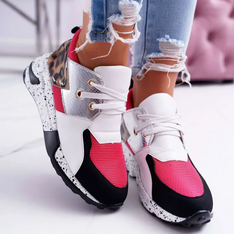 

2021 New Women Casual Shoes Breathable Ladies Sneakers Leopard Print Faux Fur Sneakers Lace-up Platform Sports Shoes Women