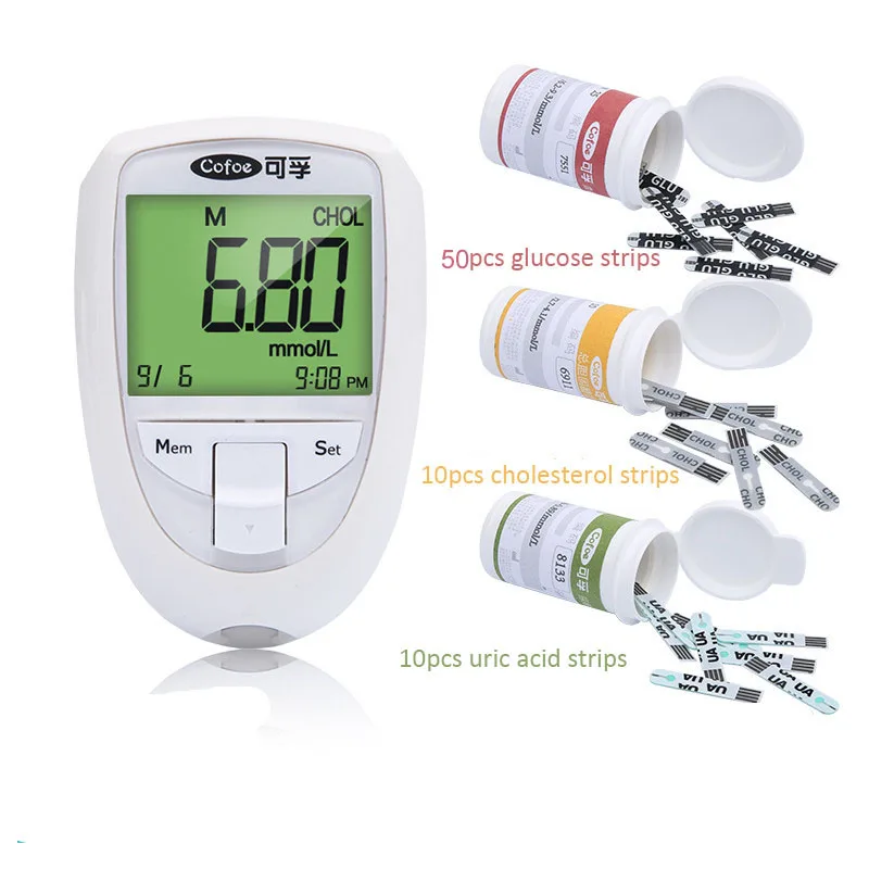meter with 70 strips Cofoe 3 в 1измеритель холестерина мерить холестерин мерить сахар измерение мочевой кислоты многофункциональный глюкометр диабет blood glucose meter blood glucose meter с тест полоски - Цвет: meter with 70 strips