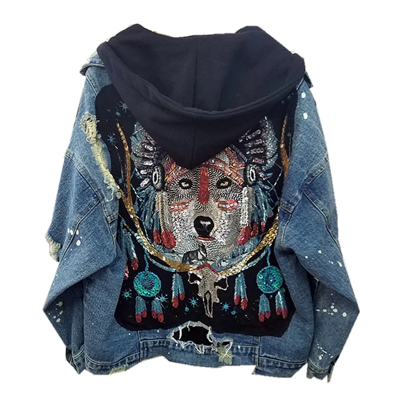 

2020 Casaco Jaqueta Feminina Inverno Jacket Woman Wolf Totem Nail Beaded Hole Retro Raw For Edge Bf Wind Heavy Industry Loose