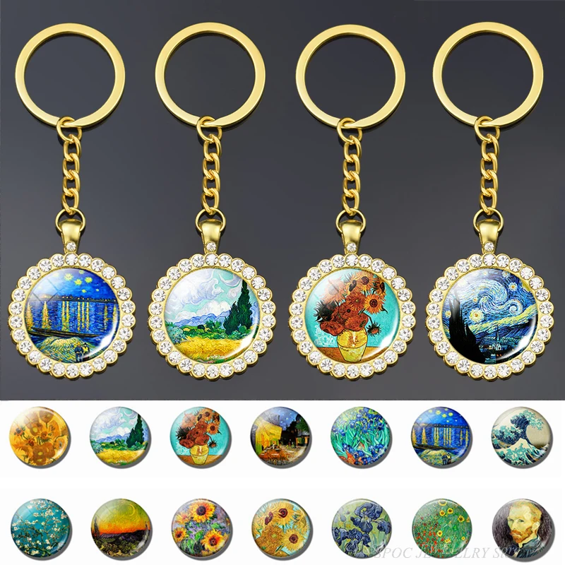 

Van Gogh Shiny Crystal Keychain Clear Glass Cabochon Jewelry Oil Painting Starry Night Sky Sunflower Bohe Pendant Gifts Jewelry
