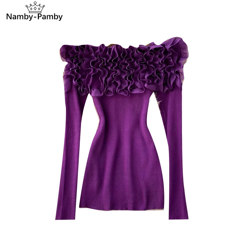 

Autumn Winter All-match Knitted Top Women's Three-dimensional Flower Stitching Slash Neck Strapless Bottoming Shirt UK738