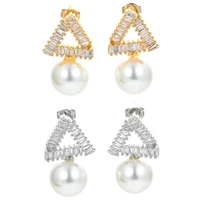 eyika korean elegant white simulated pearl drop earrings women wedding zircon triangle stud earring gold silver color jewelry