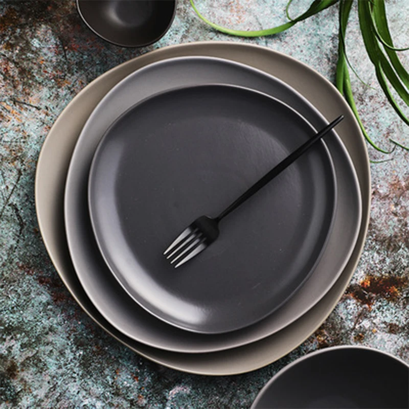 

Nordic Japanese Ceramic Tableware Set Wind Black Grey Western Steak Plate Triangle Bowl Ramen Bowl Salad Plate Dinner Plate