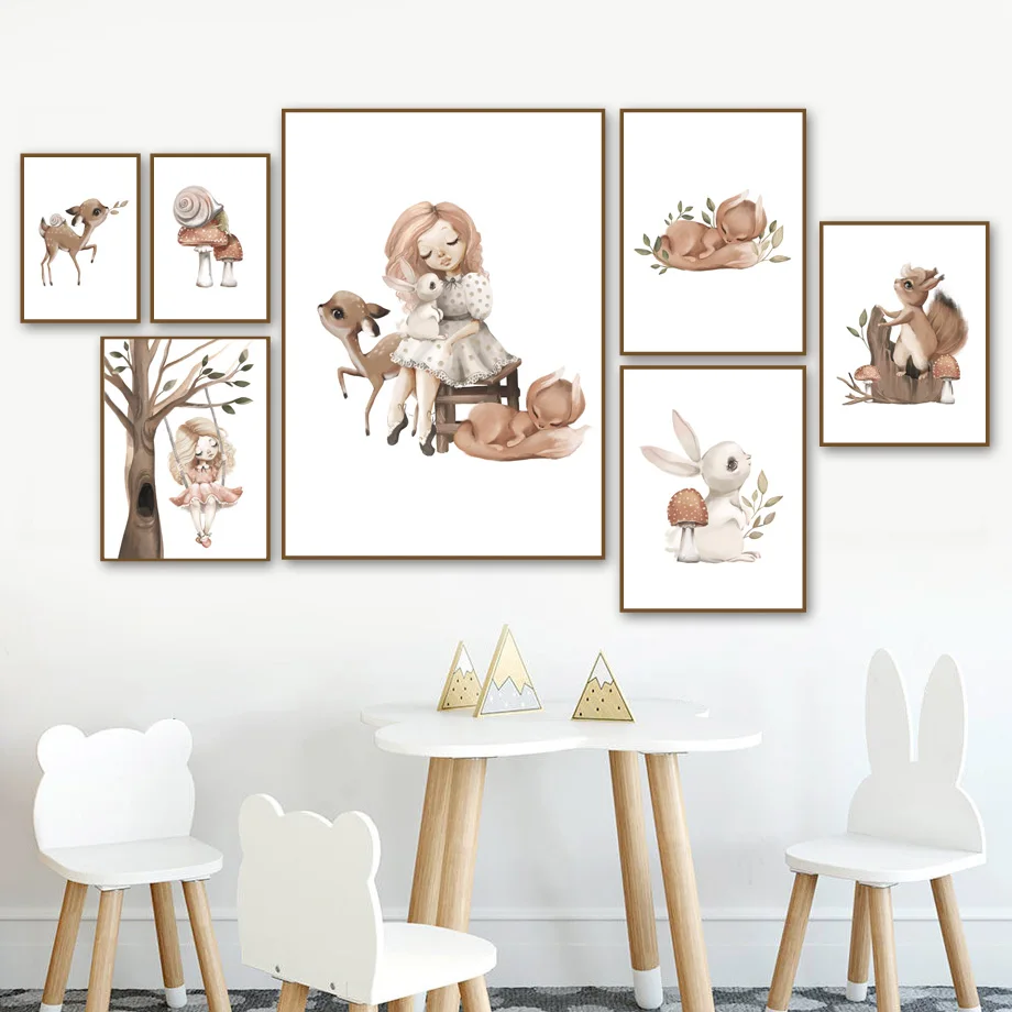 Мультяшная милая девушка кролик олень лиса гриб настенная Картина на холсте