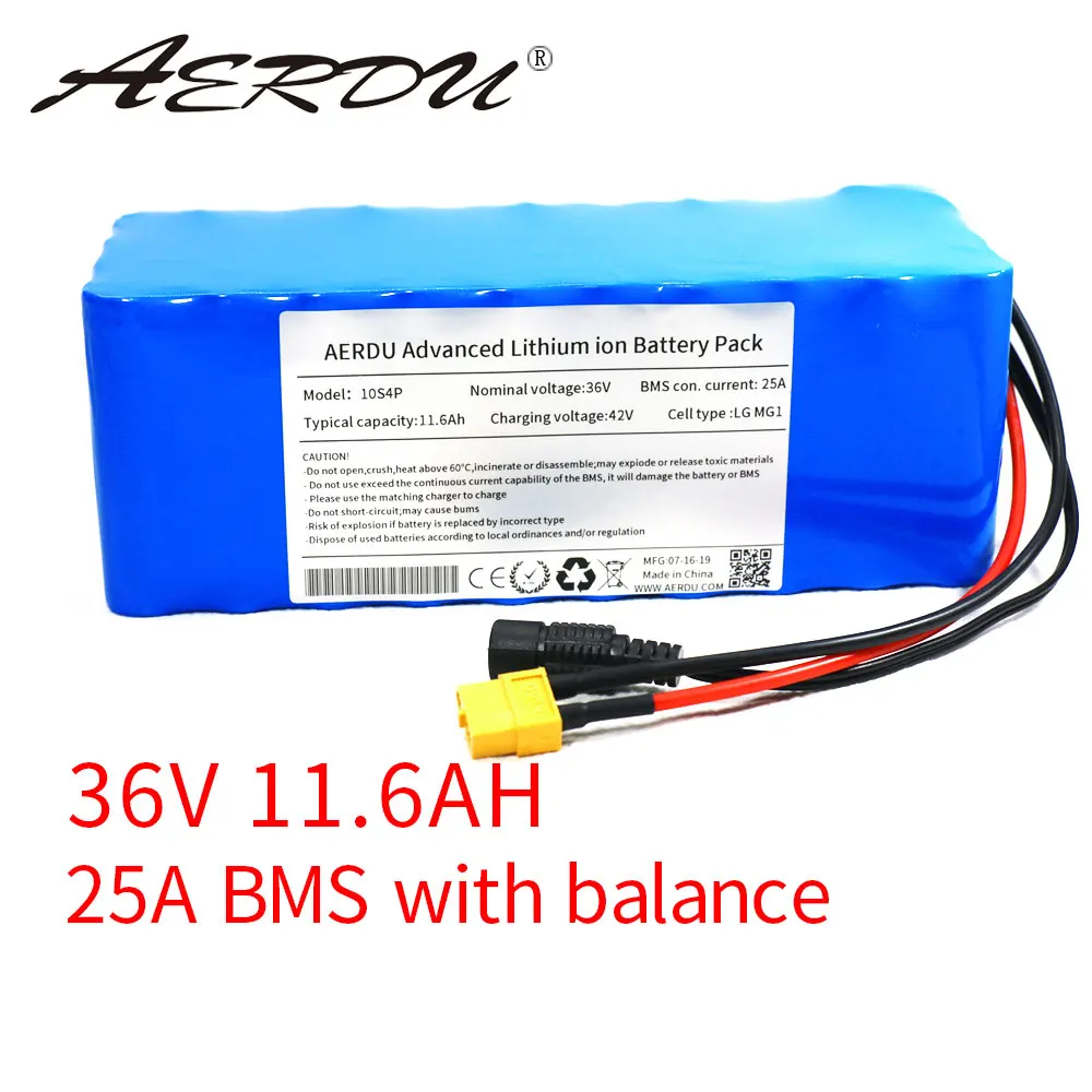 Комплект литиевых батарей AERDU 36 В 10S4P 11 6 Ач 25 А BMS для электровелосипеда 500 Вт 450 350 250 моторного