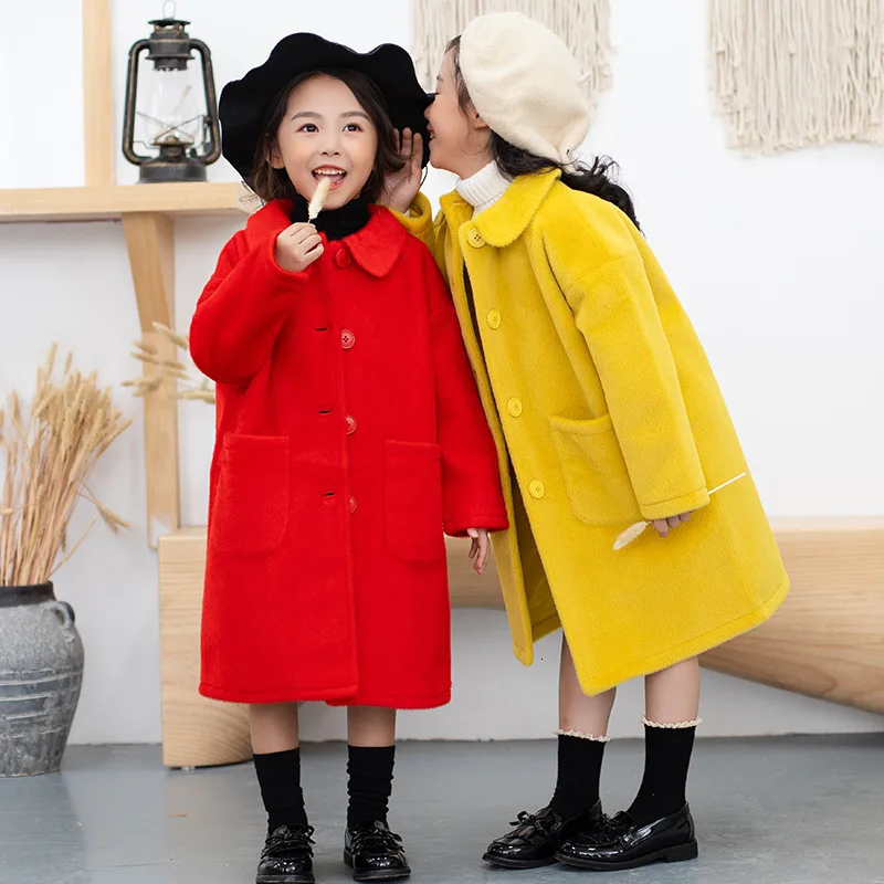 Осенне-зимнее шерстяное пальто для девочек-подростков красного и желтого цвета |