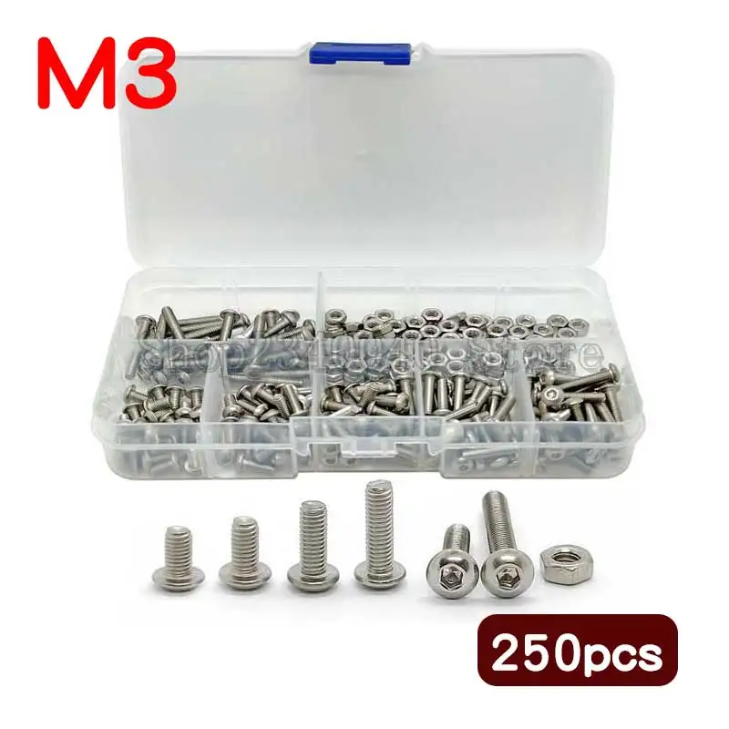 

250 шт. ISO7380 M3 * 6/8/10/12/16 набор винтов с шестигранной головкой из нержавеющей стали 304 болты с шестигранной головкой с шестигранными гайками набо...