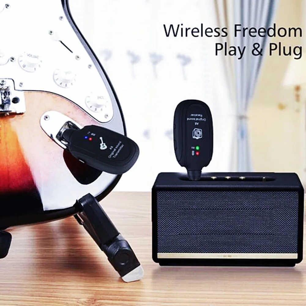 

Guitar Wireless System Transmitter Receiver Built-In Rechargeable 50M 4 Channels A8 Guitar Pickup Wireless Receiver USB Cable