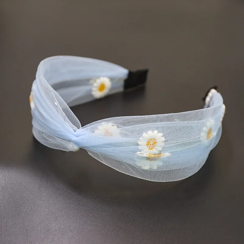 

1PC Knotted Bezel lace Transparent Mesh Embroidery Small Hairband Summer Daisy Flowers Hair Hoop For Woman Girl Hair Accessories