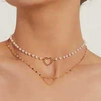 fashion heart shaped double layer pendant necklace white pearl simple temperament metal neckband ladies accessories new products
