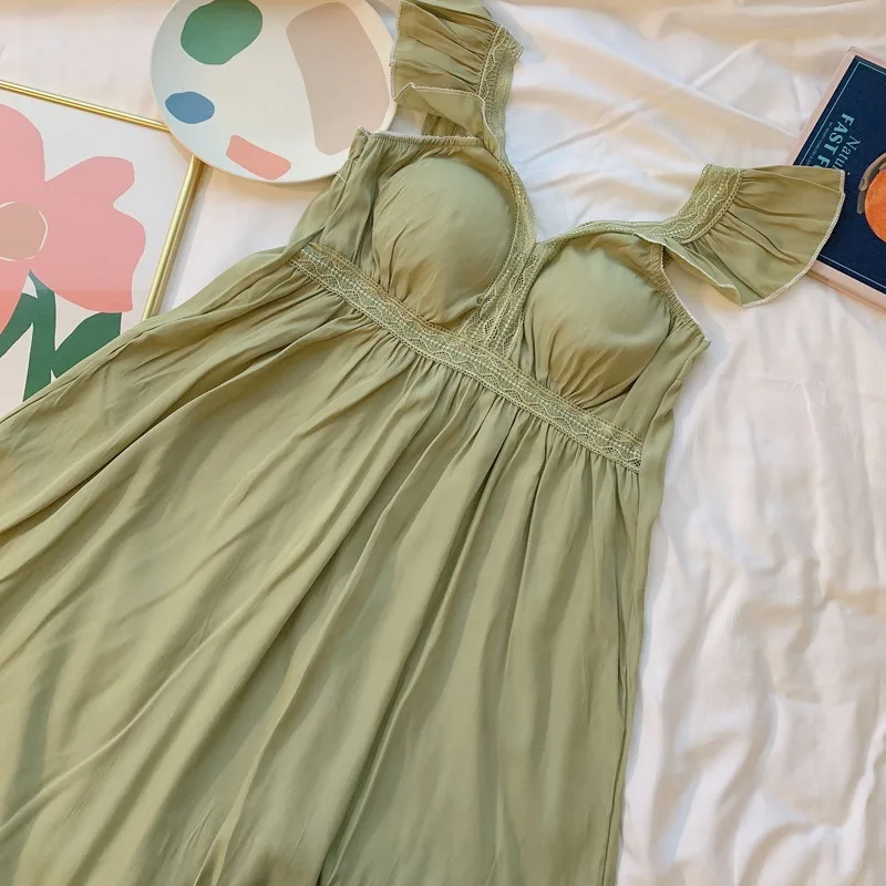 

Summer Sexy Sleeveless V-Neck Lace Cute Women 100% Cotton Loose Long Dress Nightdress Pajamas Home Wear Pajamas