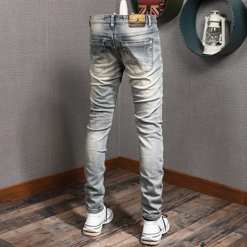 New Men's Vintage Blue Ripped Stretch Jeans Men Casual Slim Fit Pencil Pants Streetwear Distressed Jean