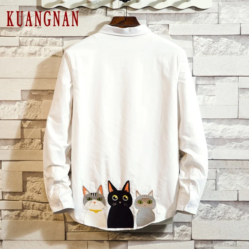 KUANGNAN Cat Вышивка белая рубашка мужские модные рубашки с длинным рукавом