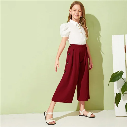 Burgundy SHEIN Kiddie Girls Solid Button Side Pleated Palazzo Casual Pant Kids Bottom Summer High Waist Teenagers Loose Pants - Цвет: Burgundy