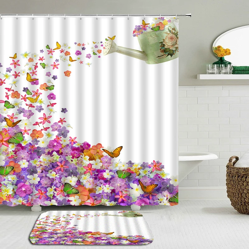 

Butterfly Flowers Bath Curtains Mat Set Shower Curtain Bathroom Waterproof Cloth +Non-slip Mat Rug Toilet Floor Bathroom