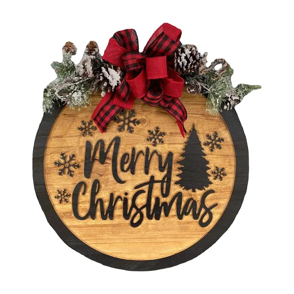 

Рождественский приветственный дверной знак, Счастливого Рождества, двусторонний деревянный Рождественский венок, вешалка для деревенских...