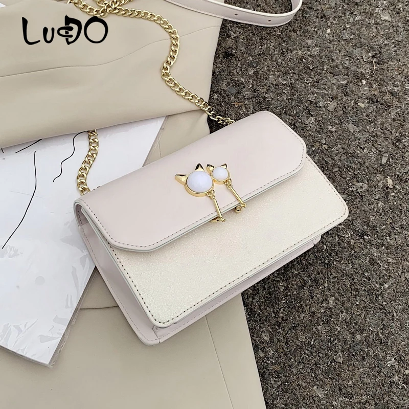 

LUCDO Pearl Cover Double Cat Chain Women Crossbody Bags for Women 2020 Brand Designer Shoulder Messenger Bag Female Handbag