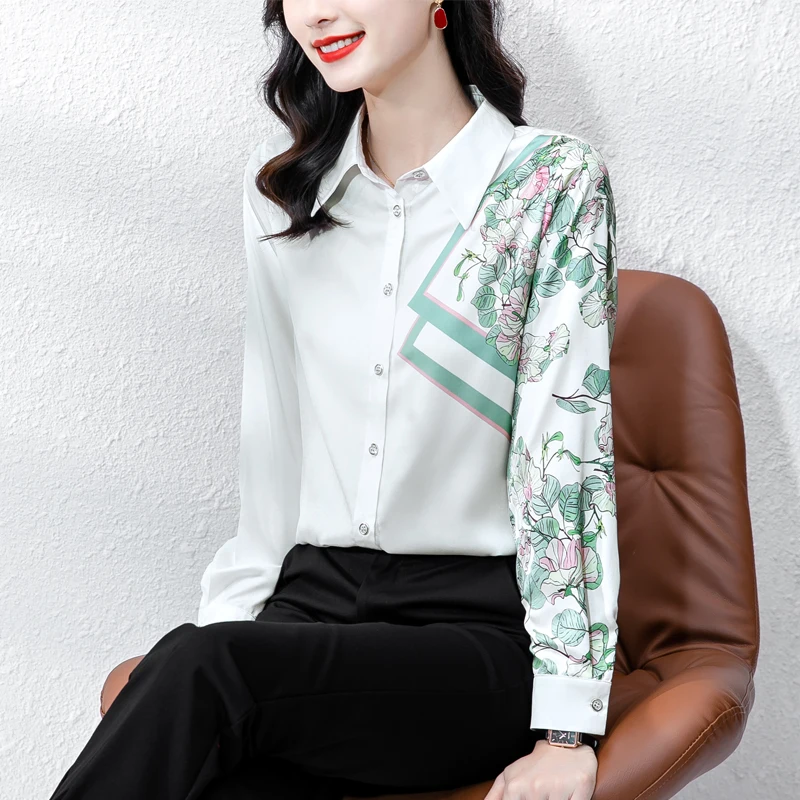 Женская шелковая рубашка с цветочным принтом элегантная офисная блузка в стиле