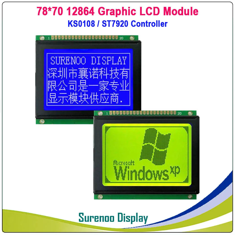 

2.7" 78X70MM 12864 Graphic Matrix LCD Module Display Screen KS0108 ST7920 Controller Yellow Green Blue LCD with LED Backlight