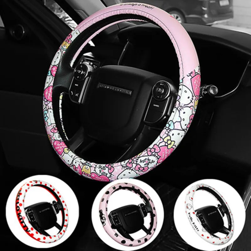 

Car Accessories Cartoon Pink Kitty cat Steering Wheel Cover Natural Rubber Healthy Breathable Universal 38cm